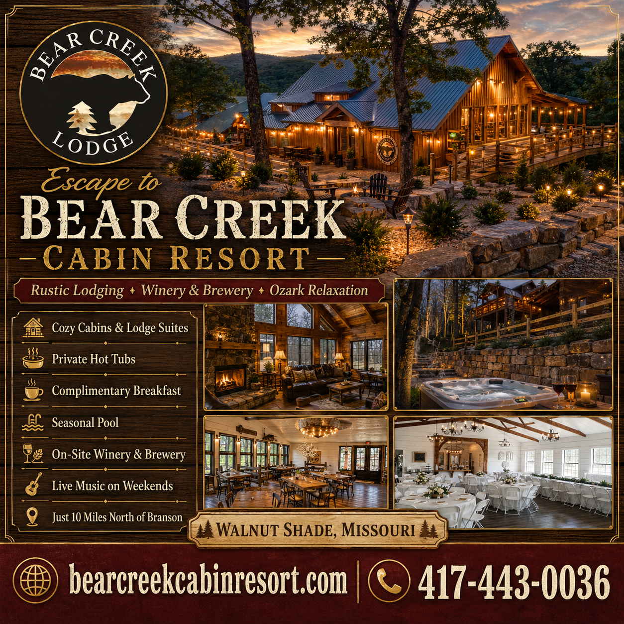 Bear Creek Cabin Resort Lodge Exterior at Welcome Bear Creek Cabin Resort lodge illuminated at dusk at Welcome with outdoor seating and stone landscaping in Walnut Shade, Mis.