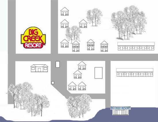Big Creek Resort Site Map at Welcome Illustrated site map of Big Creek Resort showing cabins, trees, and lakefront buildings at Welcome.